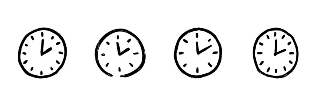 Four Clock Faces Line Icon Set In Doodle Style. Time Management, Scheduling, And Punctuality Outline Sketch Collection. Hand Drawn Isolated Vector Illustration