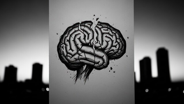 Cracked brain drawing, city silhouette blurred in the background, grayscale