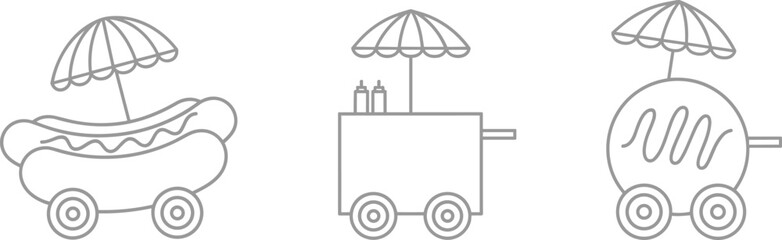 Street food cart outline icons set showing hot dog ice cream and dessert wagons vector illustration minimal design © MstBabli