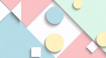 Pastel-colored geometric shapes, including triangles, circles, and squares, overlap on a white background, creating a playful, abstract composition with subtle shadows
