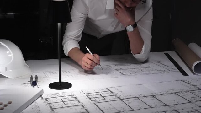 Tired man working overtime on architectural plans, struggling with fatigue, stress, and project deadlines in a dimly lit office.