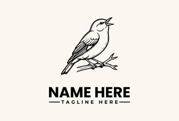 Fototapeta premium A minimalist illustration of a bird perched on a branch with a logo template featuring a bold, modern design on a clean background.