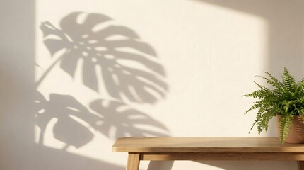 Warm Sunlight Creates Shadow of Tropical Leaf on Cream Wall Next to Potted Fern on Wooden Table