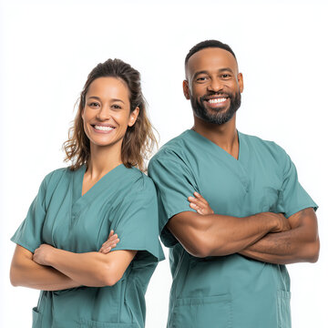 Portrait of Confident Medical Team: Male & Female in Scrubs, Smiling with Arms Crossed on White