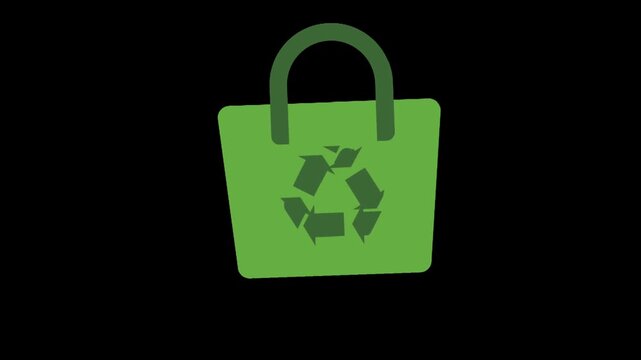 Green recycle shopping bag icon representing eco friendly reusable packaging and sustainable lifestyle on black background