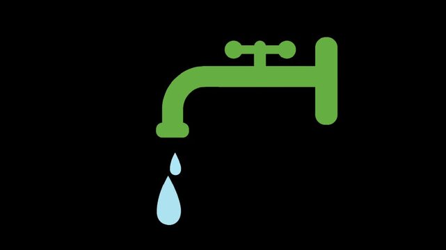 Green water tap icon dripping drop on black background representing water conservation, sustainability and resource saving
