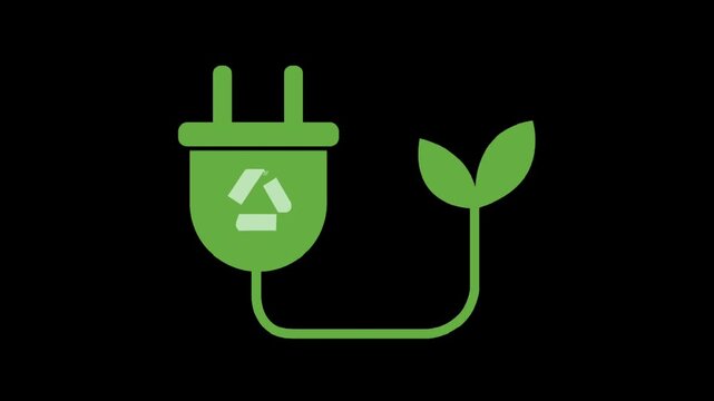 Green eco plug with leaf symbol animation on black background, renewable energy and sustainable power concept loop video