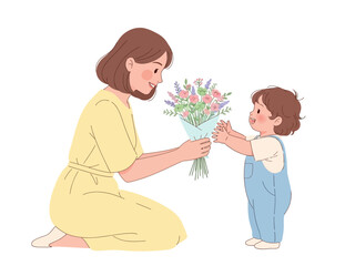 Obraz premium Woman kneeling to give a bouquet of flowers to a small child standing