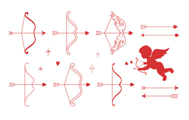 Fototapeta premium Valentine Cupid arrow and bow line art icons. Cupid silhouette. Bow and Arrow set.