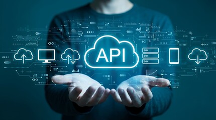 Hands holding a digital cloud interface with the text API surrounded by glowing technology icons and data streams representing connectivity and digital services cloud computing connection