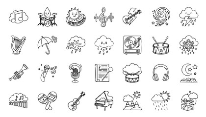 Fototapeta premium Set of 28 Whimsical Hand-Drawn Music and Weather Icons, Minimalist Black and White Simple Outline Vector Illustration
