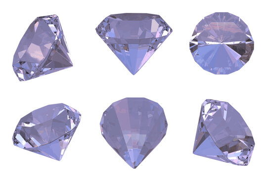 Modern sparkling faceted luxury pastel blue-purple emerald diamonds, iridescent gemstone. Round violet moissanite in different angles. Gemstone set, rhinestones closeup. Realistic 3d isolated vector.