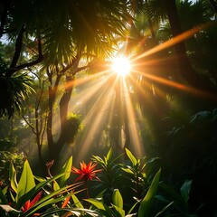Sunlight filtering through a dense rainforest, illuminating exotic plants and a humid atmosphere, emphasizing the unique climate of this vital biome, rainforest,  vegetation