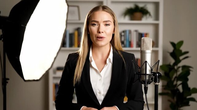 Young woman presenter speaking into microphone in professional studio setup