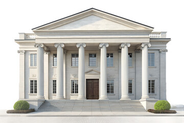 Fototapeta premium Photorealistic bank building with classic columns and clean facade, front view, finance and business concept, isolated on transparent background, clean cutout, no people, high resolution PNG