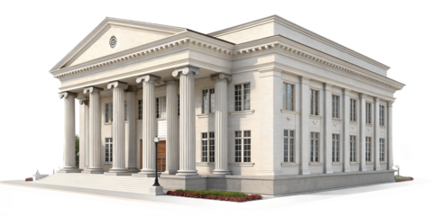 Photorealistic bank building with classic columns and clean facade, front view, finance and business concept, isolated on transparent background, clean cutout, no people, high resolution PNG