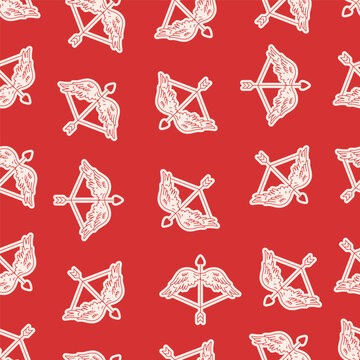 Valentines day Cupids bow and arrow with angels wings. Seamless pattern on red background 