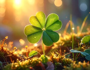 Four-leaf clover in the forest, symbol of good luck.
