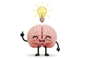 Cute Brain Character with Light Bulb Idea Concept on White Background