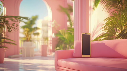 Naklejka premium Modern Gold Smartphone Resting on Stylish Pink Sofa with Lush Tropical Plants and Arches in Luxurious Sunny Outdoor Setting, Evoking Relaxing Vacation Vibes