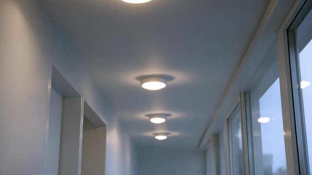 Medium shot of residential ceiling lights responding to movement and ambient light sensors creating a comfortable ecofriendly atmosphere.
