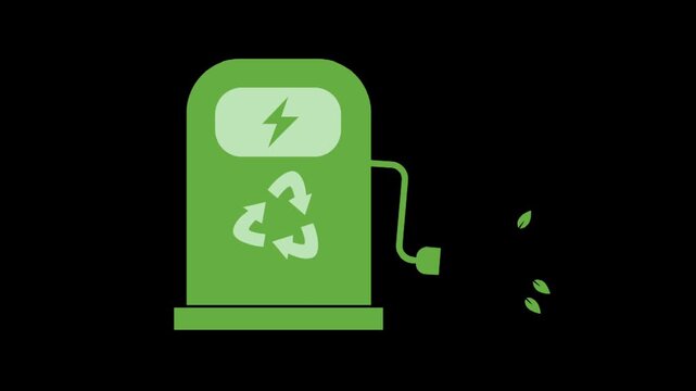 Green electric charging station with recycle symbol and plug on black screen representing clean renewable energy and eco power animation