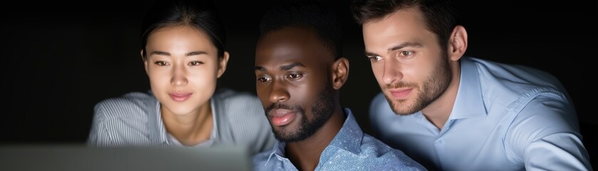 Colleagues collaborating on project ideas office space nighttime close-up