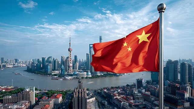Chinese flag flying high with panoramic cityscape and river view