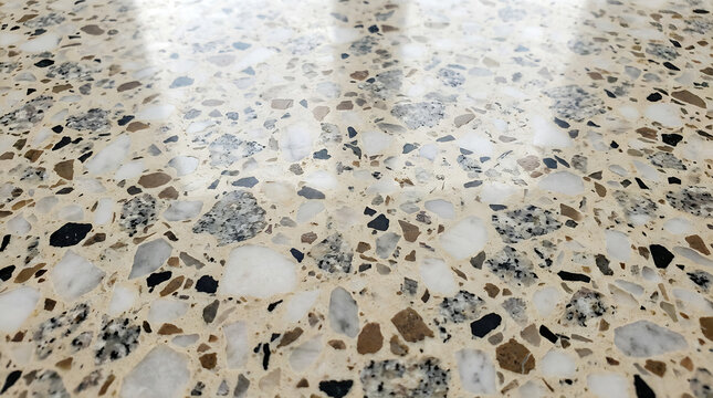 Terrazzo flooring with polished surface and reflective light.