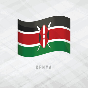 3D illustration of the waving flag of Kenya. Vector national symbol of the Kenyan nation on a grey background. Features the traditional Maasai shield, crossed spears, and tricolor bands.