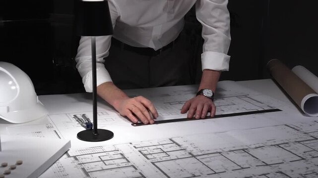 Architect developing blueprint for construction project, drafting building plan using ruler on desk with safety hard hat. Business and architect people concept