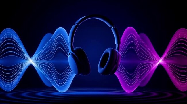 Wireless Headphones with Dynamic Blue and Purple Neon Sound Waves. 4k slow motion.