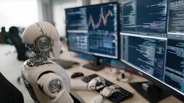 Medium shot showing a professional programming accounting robots to perform accurate data entry tasks in a techdriven finance department.