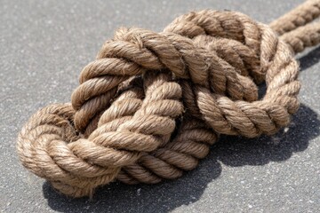 Detailed Close-up of Intertwined Natural Rope Knots on a Solid Surface Background