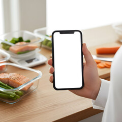 Smartphone with blank screen near healthy meal containers on kitchen table