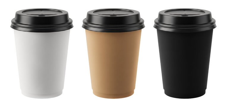 Paper coffee cup with black lid on a transparent background. Mockup.	