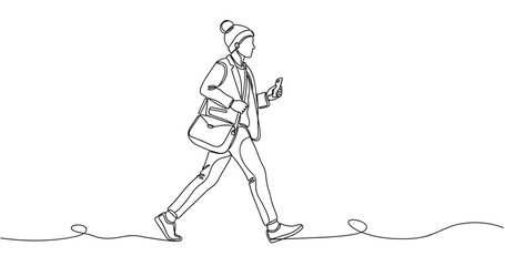 Fototapeta premium Young caucasian female walking with smartphone and bag in casual outfit. Non editable stroke