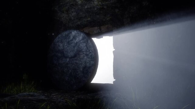 The stone opens a tomb in the rock, letting bright light into the cave.	