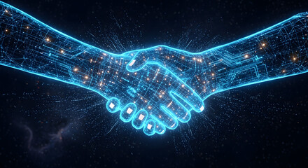 Handshake of robotic arms with glowing blue circuits