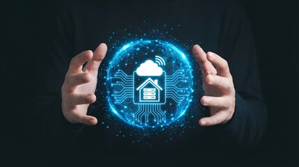 Hands cradling a glowing digital globe displaying a smart home icon with cloud and server representing connectivity and technology cloud computing home automation innovation network futuristic