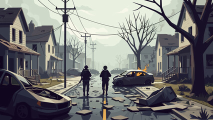 Fototapeta premium Low Poly Two soldiers walk down a destroyed street with burning cars and damaged houses