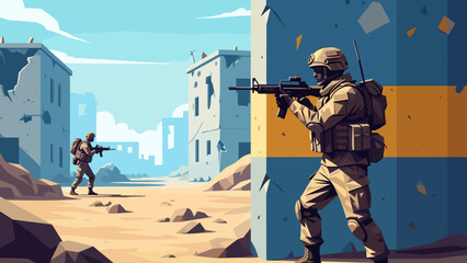 Fototapeta premium Low Poly Soldier in tactical gear aims rifle in war-torn urban environment with destroyed buildings