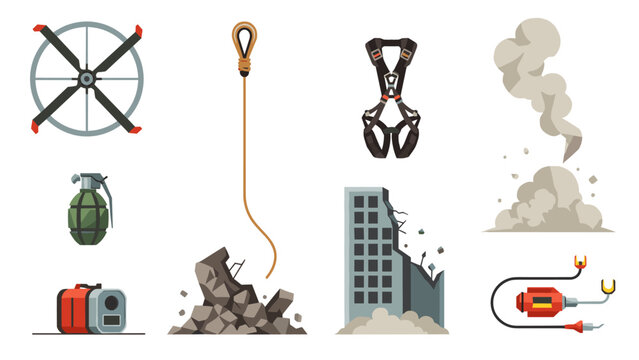 Low Poly Collection of disaster and rescue equipment and elements, vector illustration