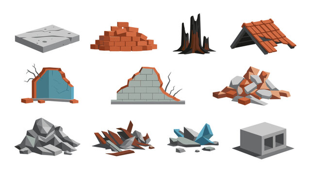 Low Poly Collection of isometric debris and construction materials in a flat design style