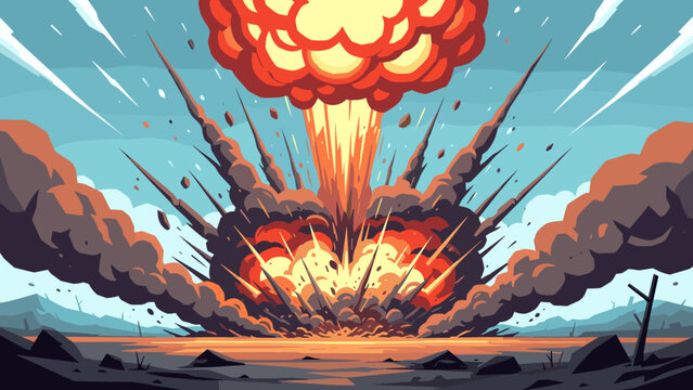 Low Poly Massive explosion erupts with fiery mushroom cloud and debris scattering across the sky