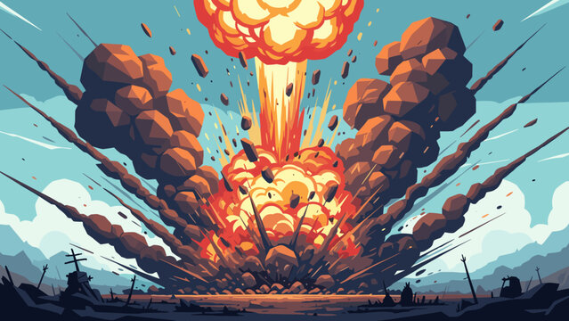 Low Poly Dramatic explosion erupts with fiery blast and debris scattering across the sky