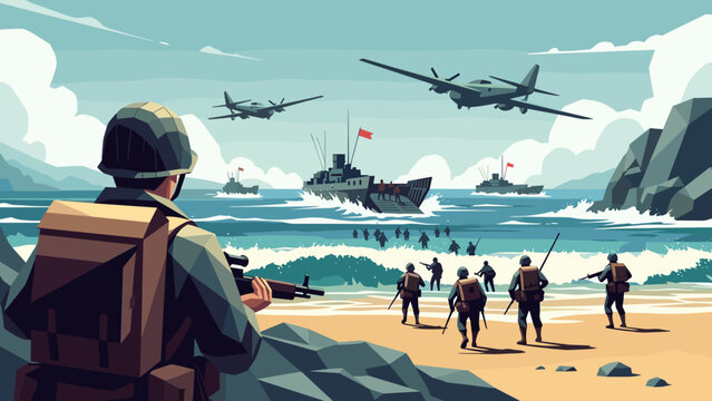 Low Poly Soldiers storming a beach with planes overhead and ships in the water
