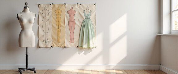 Mannequin displaying sewing patterns on wall in bright studio  