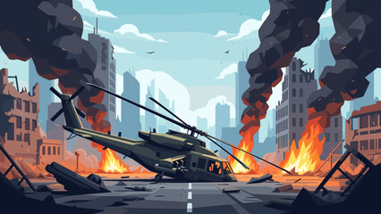 Obraz premium Low Poly Helicopter crashes in a city destroyed by war, with buildings burning and smoke rising