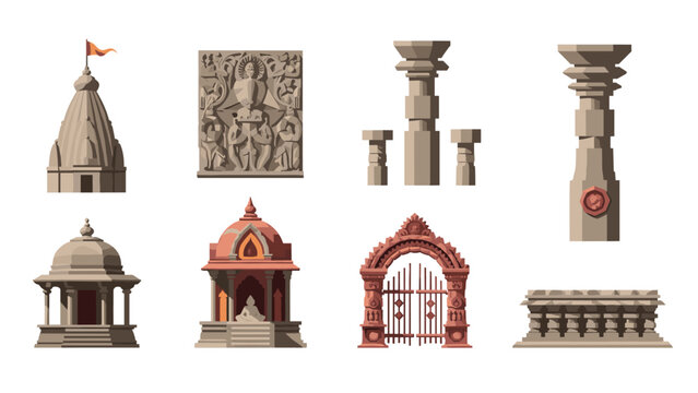 Low Poly Collection of Indian architectural elements and ancient stone carvings